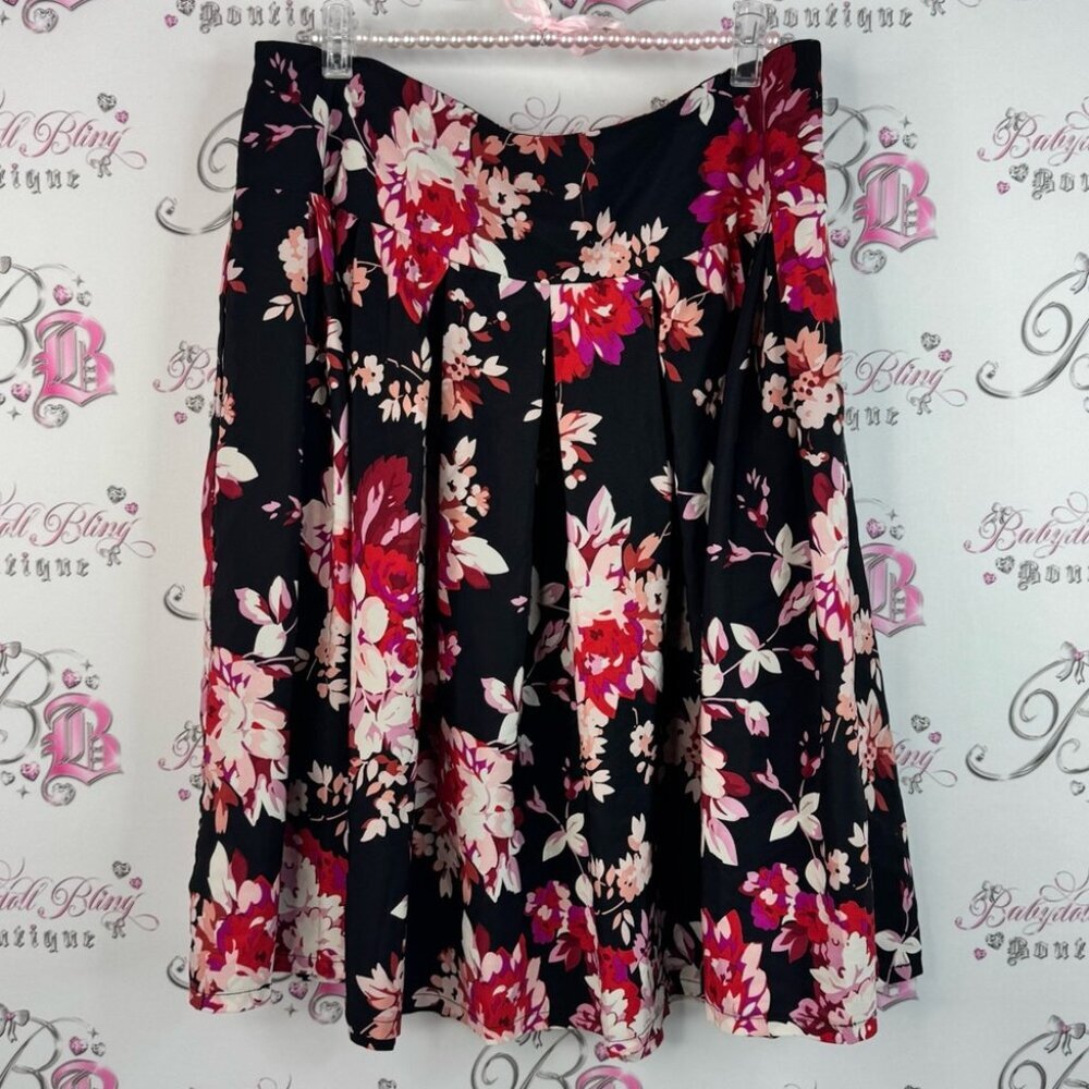 Roz & Ali skirt flowers red purple white Black and Pink Floral Skater Skirt